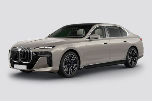 BMW i7 M70 xDrive electric sedan exterior, front three-quarter view.
