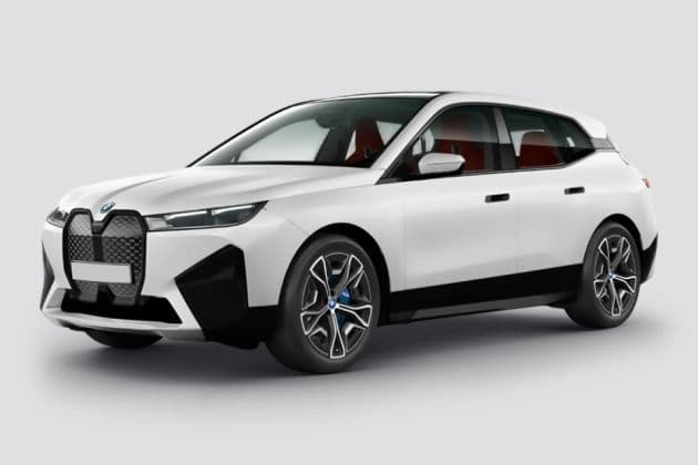 BMW iX xDrive50 electric SUV exterior, front three-quarter view.
