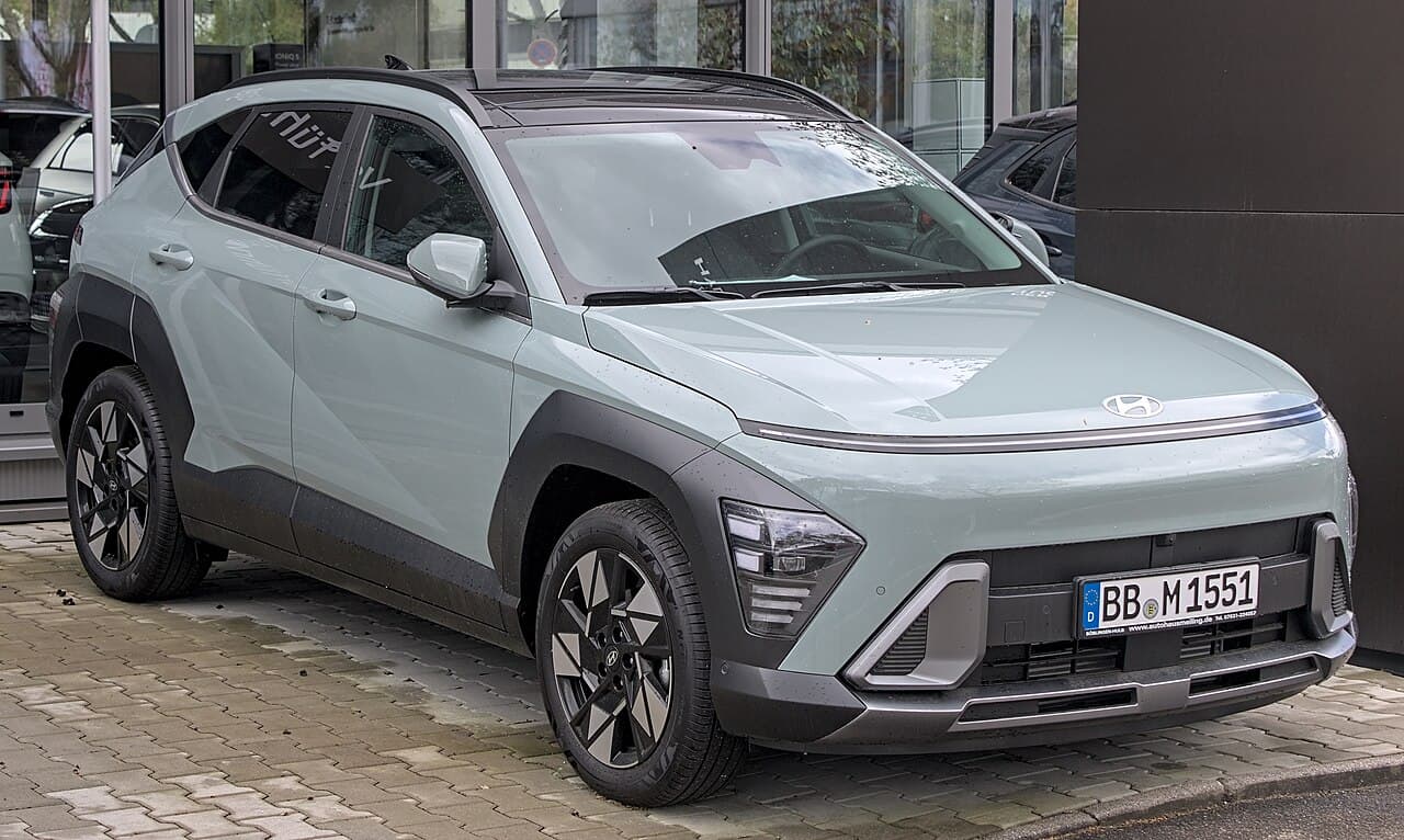 Front three-quarter view of a Hyundai Kona.