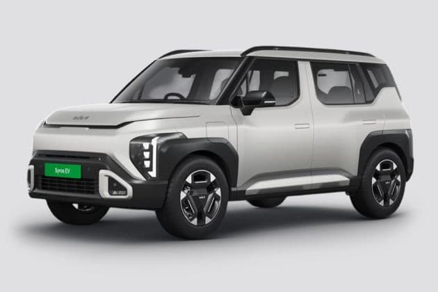 Kia Syros EV 51.4 kWh electric compact SUV exterior, front three-quarter view.