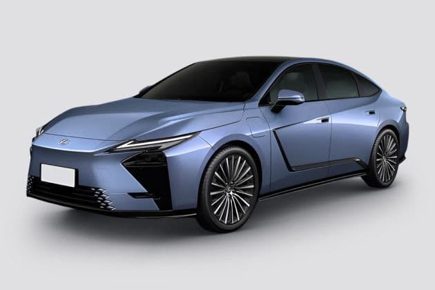 Lexus ES 500e electric sedan exterior, front three-quarter view.