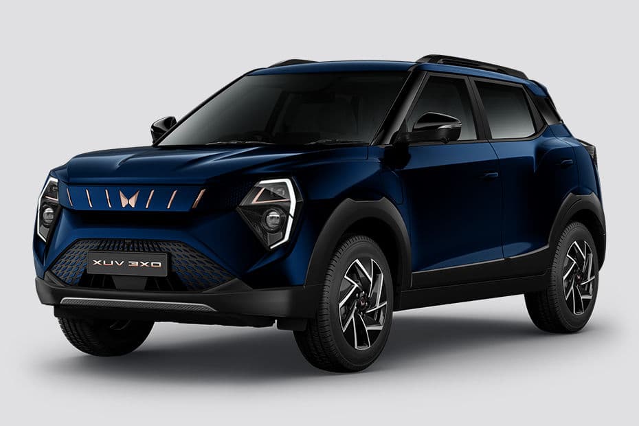 Mahindra XUV 3XO EV AX7L 39.4 kWh electric compact SUV exterior, front three-quarter view.