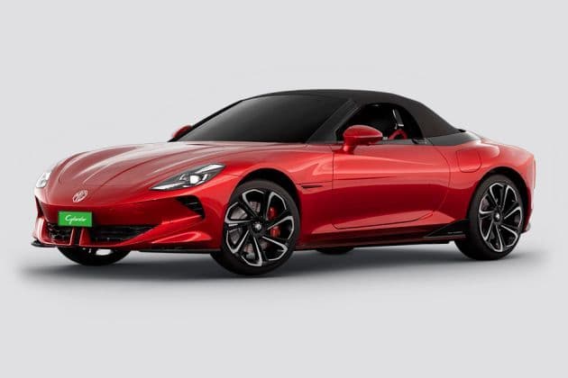 MG Cyberster 77 kWh AWD electric convertible roadster exterior, front three-quarter view.