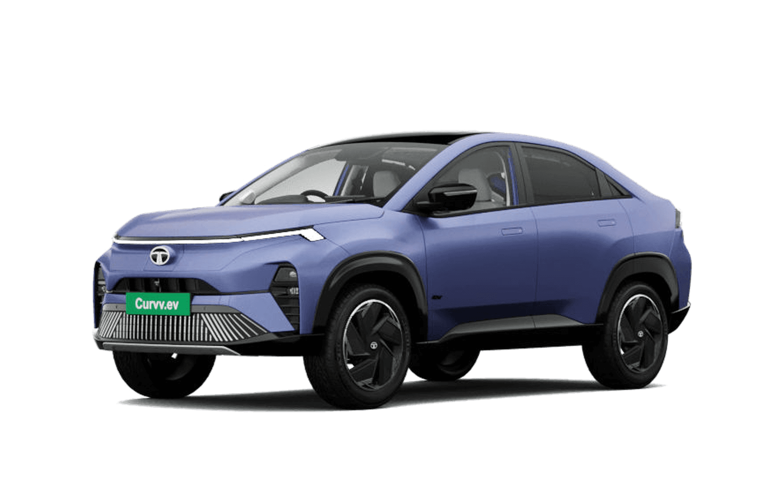 Tata Curvv.ev 45 electric coupe SUV exterior, front three-quarter view.