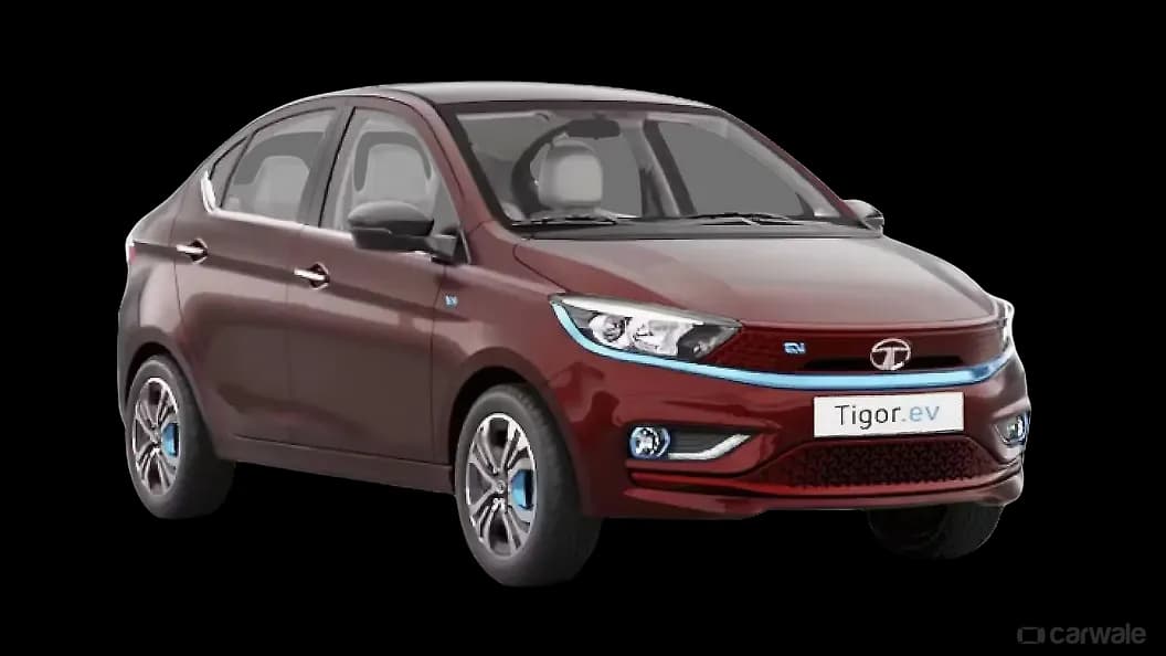 Tata Tigor.ev XZ+ Lux electric sedan exterior, front three-quarter view.