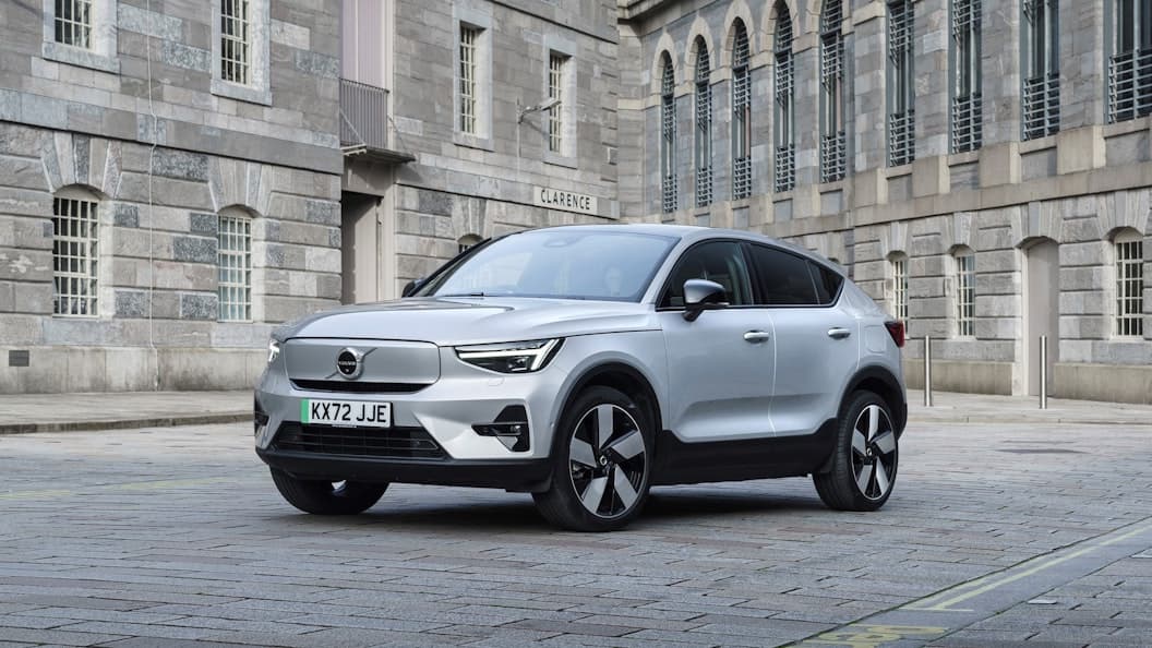 Volvo EC40 Twin Motor electric coupe SUV exterior, front three-quarter view.