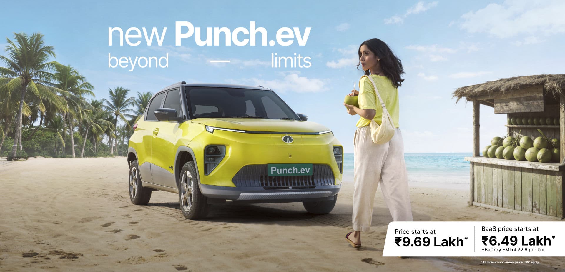Tata Punch.ev Empowered+ S 40 electric compact crossover exterior, front three-quarter view.